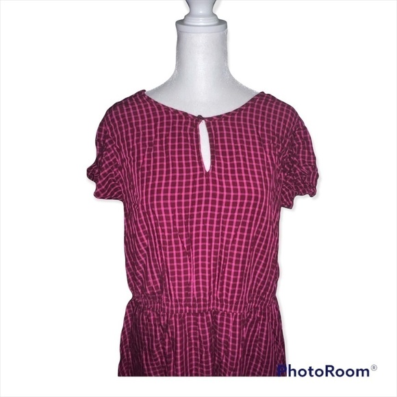 Womens‎ Plum Pink Plaid Gingham Elastic Waist Keyhole Neck Short Sleeve Dress L - Picture 2 of 4